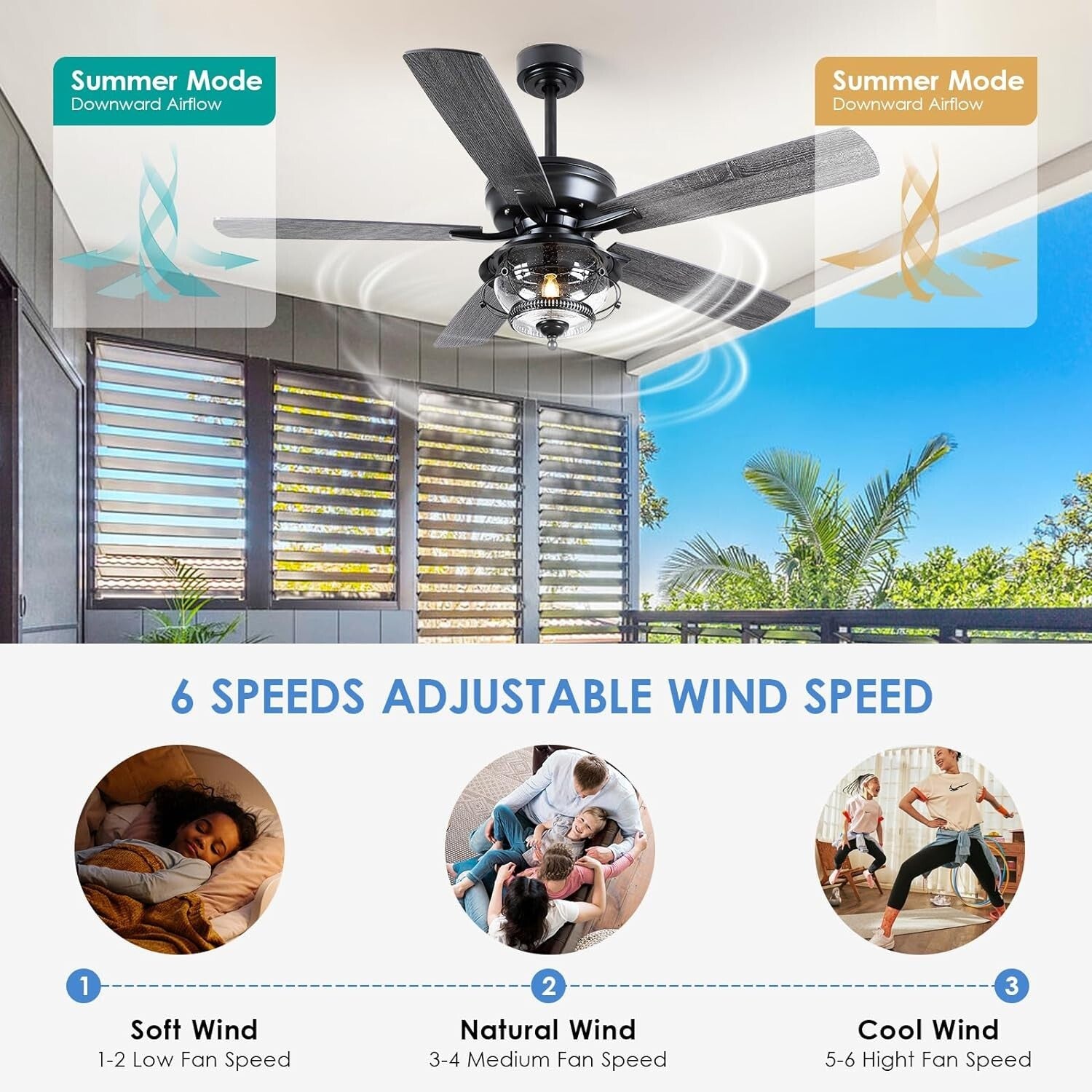 Elegant 52-Inch Black Ceiling Fan with Waterproof LED Light - Ideal for Patios
