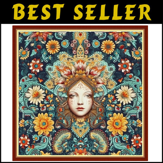 Stamped Cross Stitch Kit: Queen of Colorful Flowers - Easy DIY Embroidery