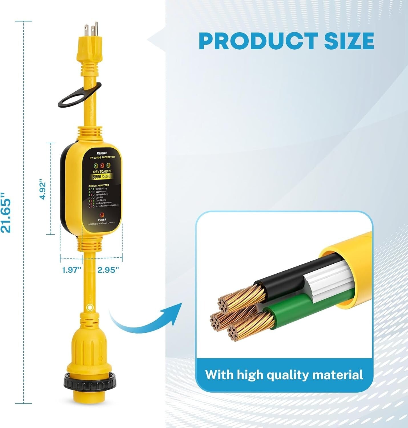 Surge Protected 30 Amp to 110V RV Power Adapter with Twist Lock & LED Indicators