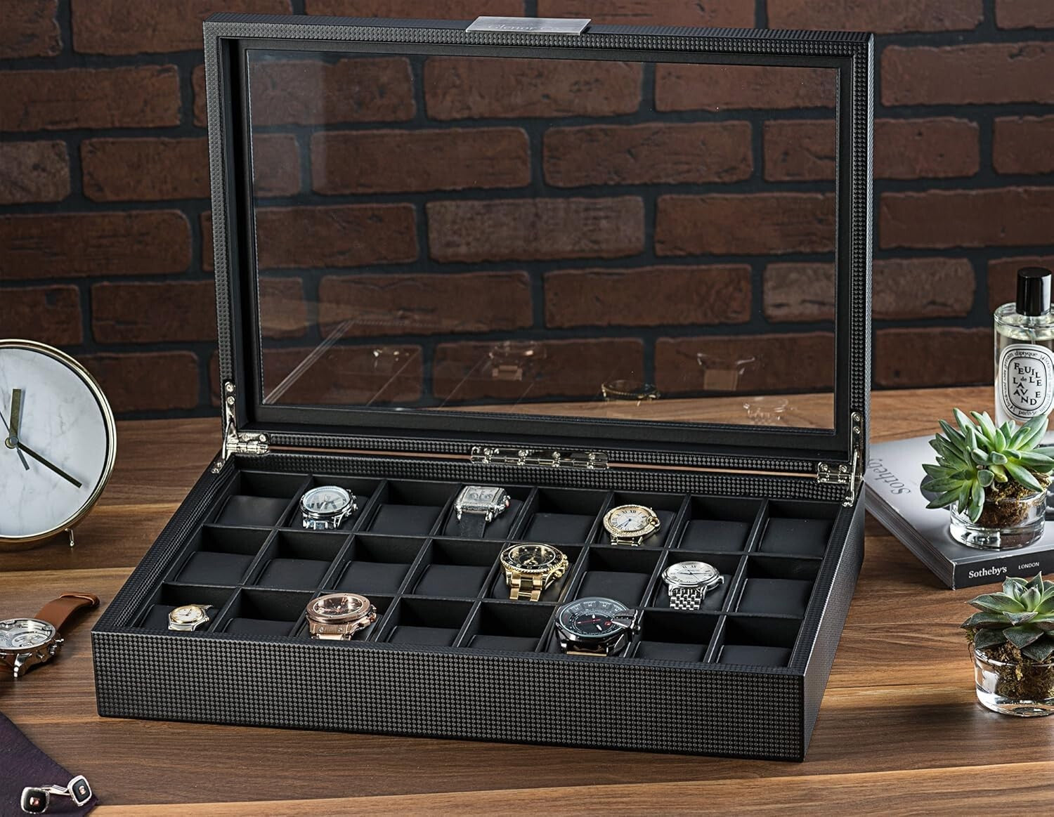 Elegant Black 24 Compartment Watch Organizer - Perfect Gift for Watch Collectors