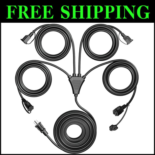 Heavy-Duty 16/3C 4-Outlet Splitter Extension Cord, 74 FT Ideal for Outdoor Decor