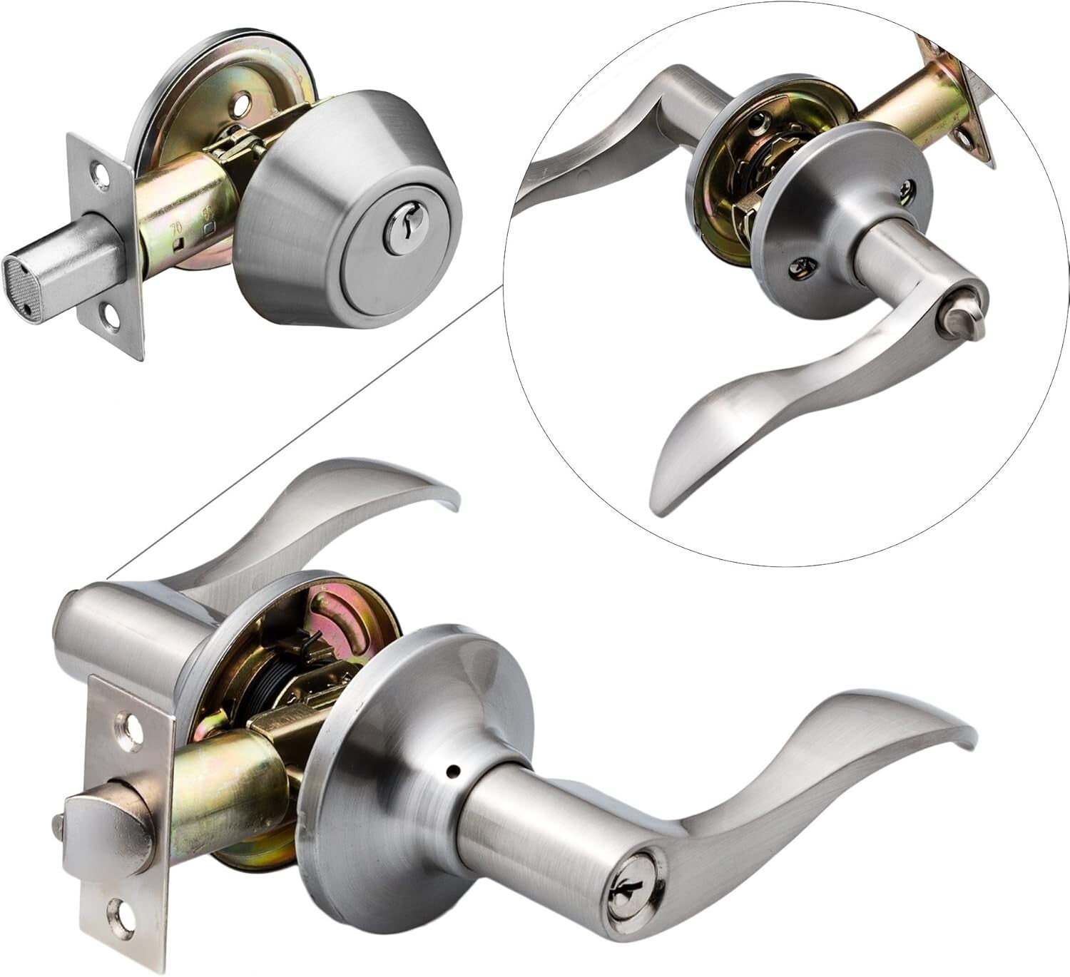 Alloy Steel Reversible Lever Handle & Adjustable Deadbolt Set in Satin Finish