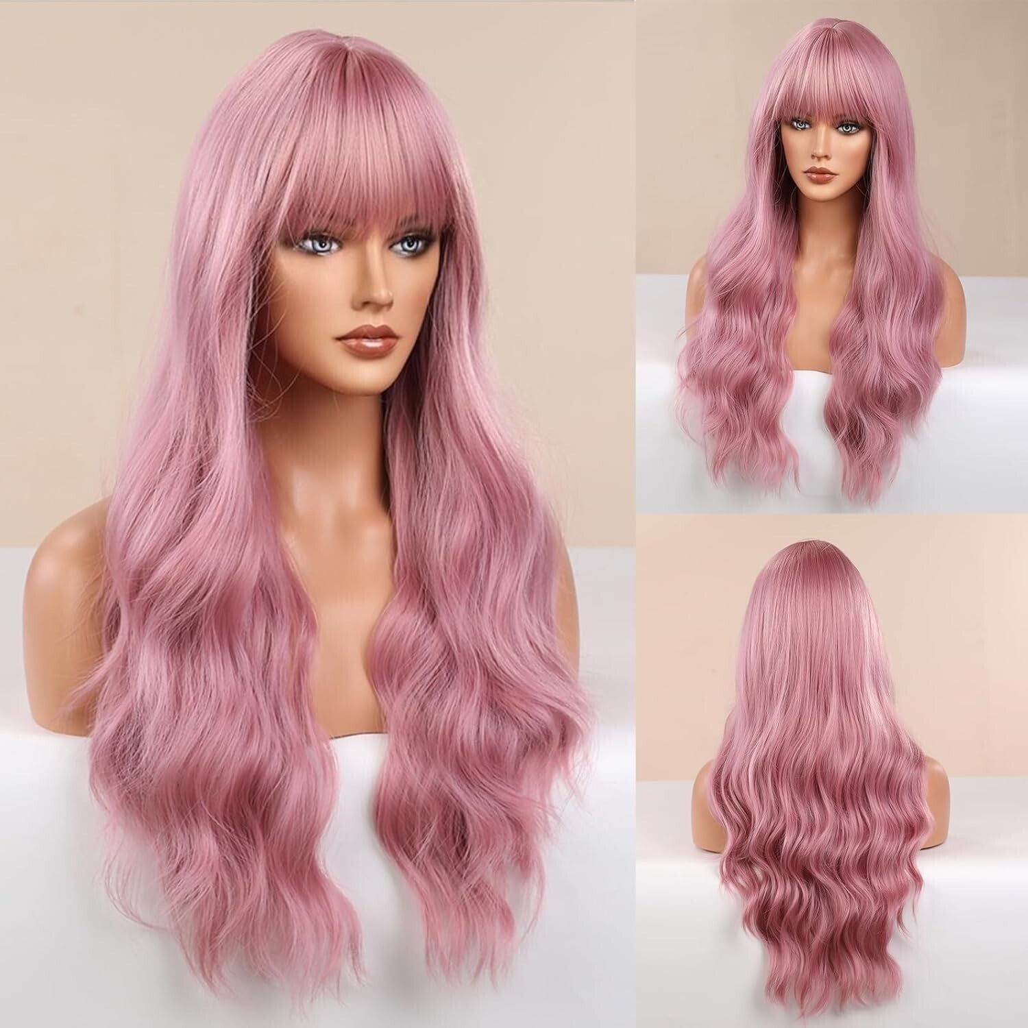 Breathable Baby Pink Wig with Natural Bangs – Heat Resistant for Daily Wear