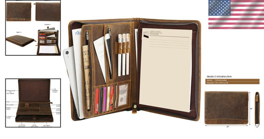 Luxury Full Grain Leather Zippered Portfolio Padfolio for Business Professionals