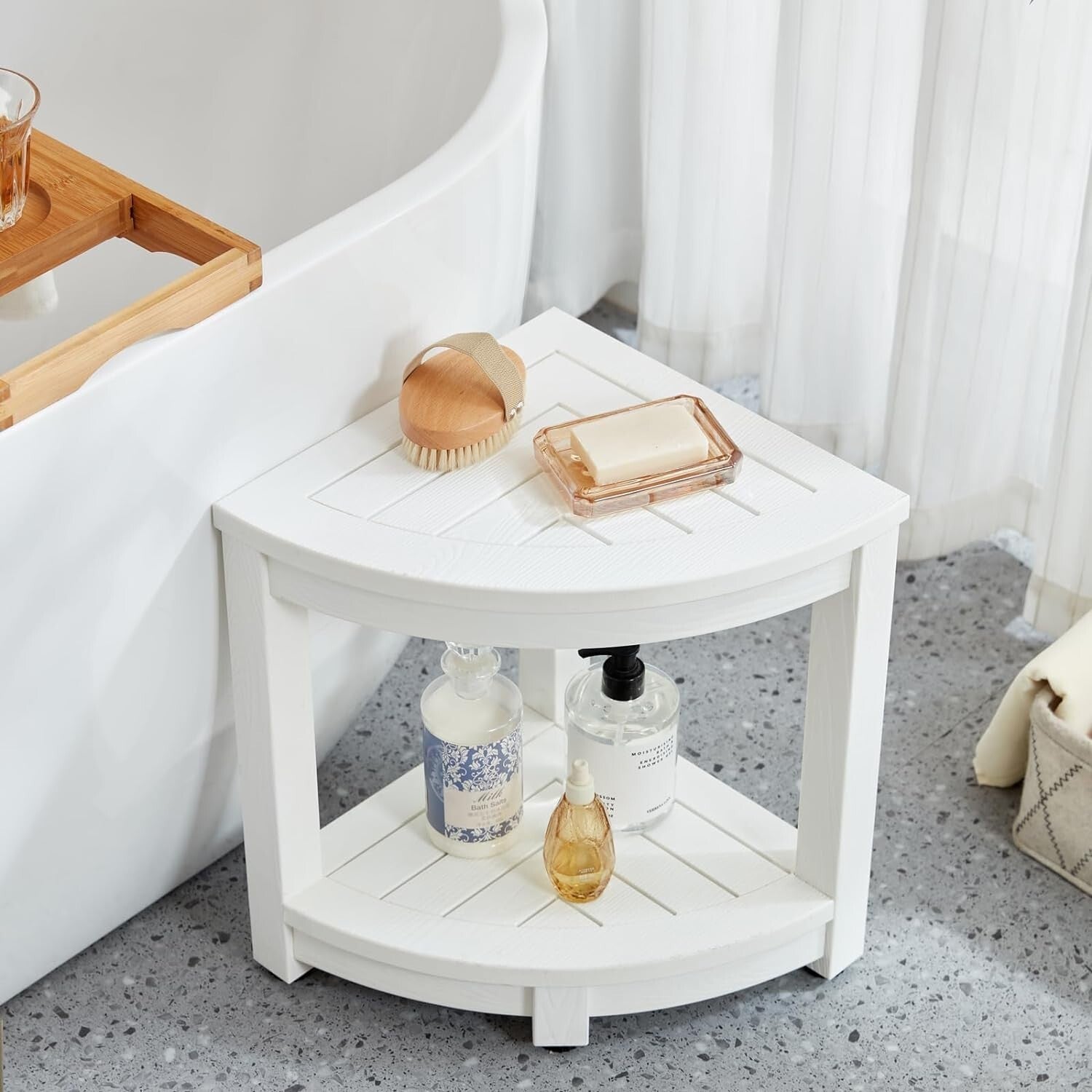 Durable Plastic Corner Shower Chair with Storage Shelf for Easy Shaving