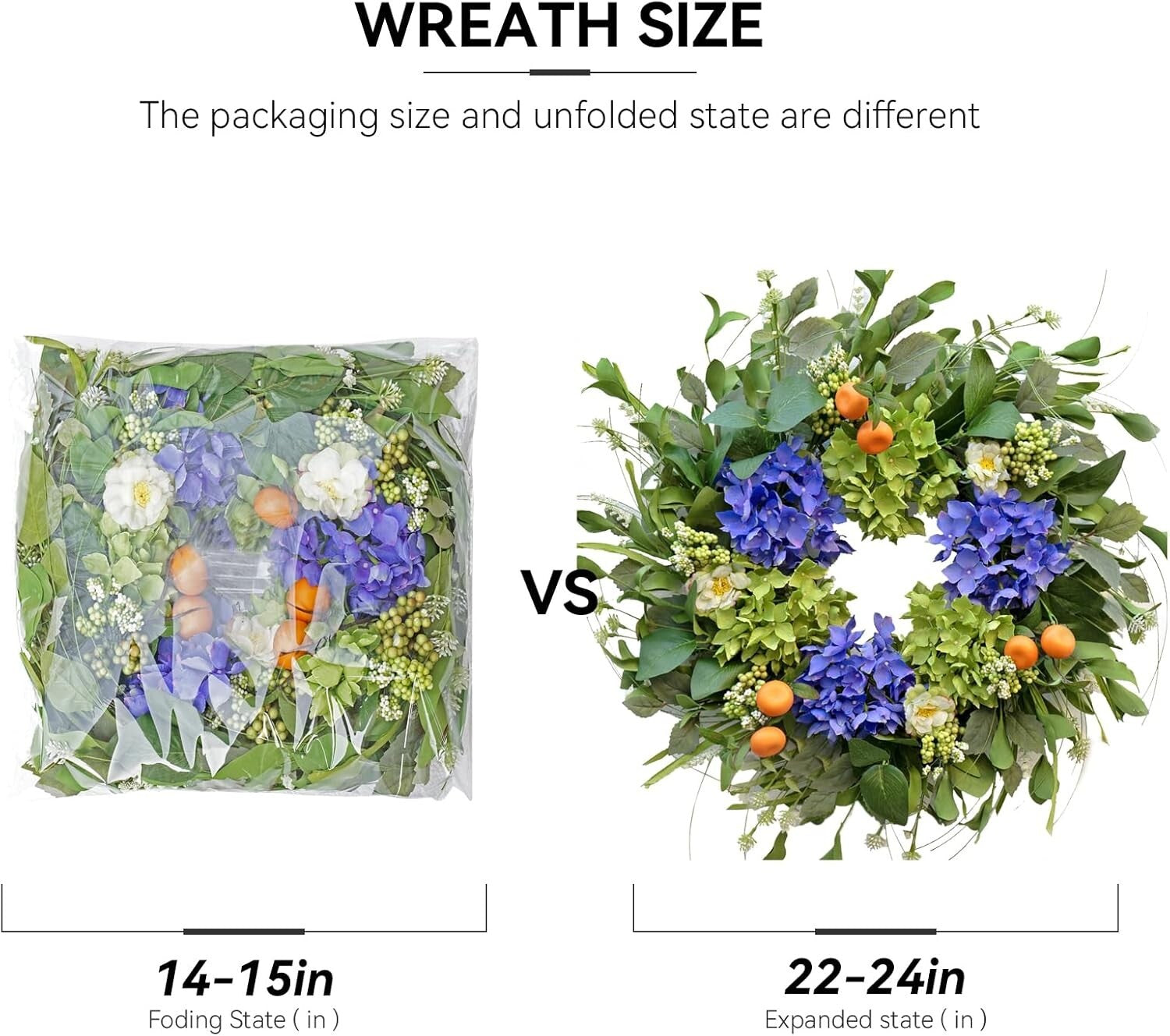 Elegant 22'' Round Wreath with Hydrangea & Realistic Oranges for All Seasons