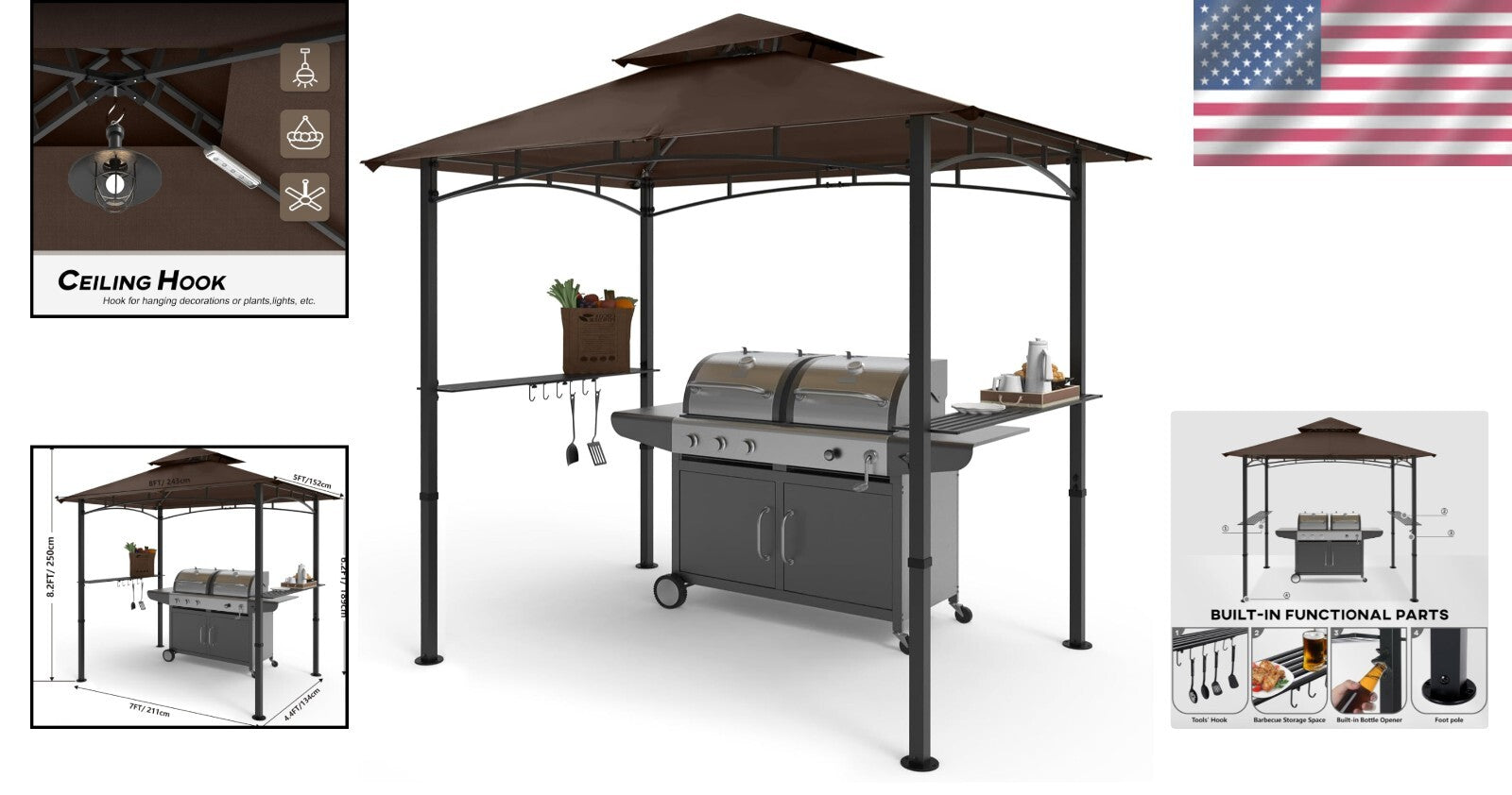 Stylish 8' x 5' BBQ Canopy Gazebo with Waterproof Design and LED Lighting