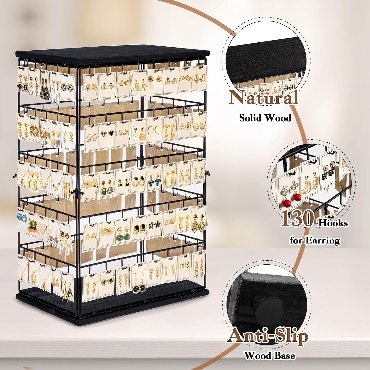 Rustic Earring Display Stand with 130 Hooks - Large Jewelry Organizer Tower