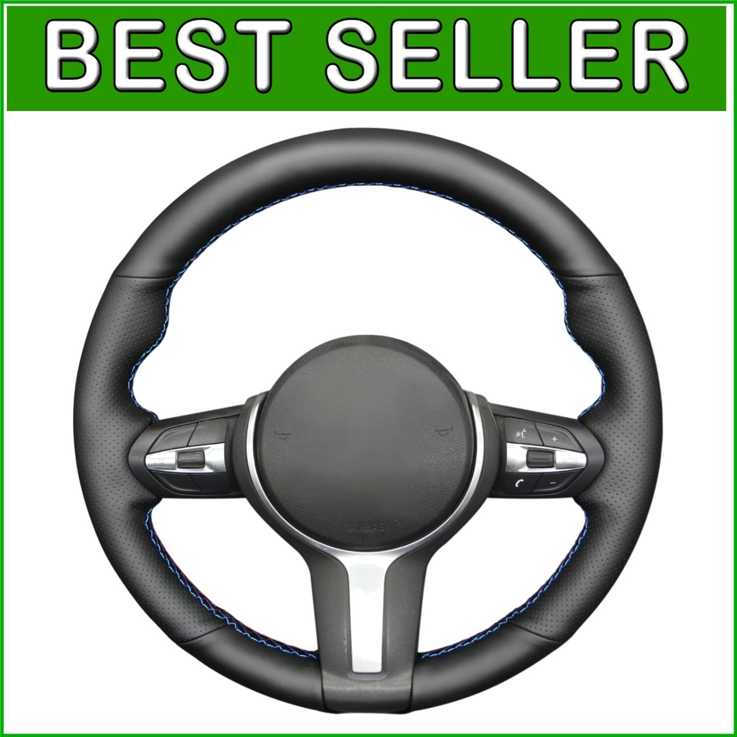 BMW M Sport Steering Wheel Cover - Black Genuine Leather with Stylish Stitching