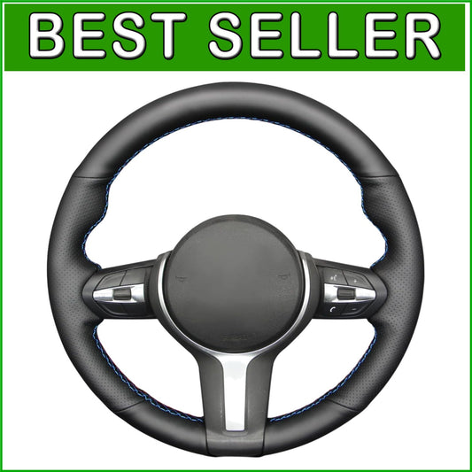 BMW M Sport Steering Wheel Cover - Black Genuine Leather with Stylish Stitching