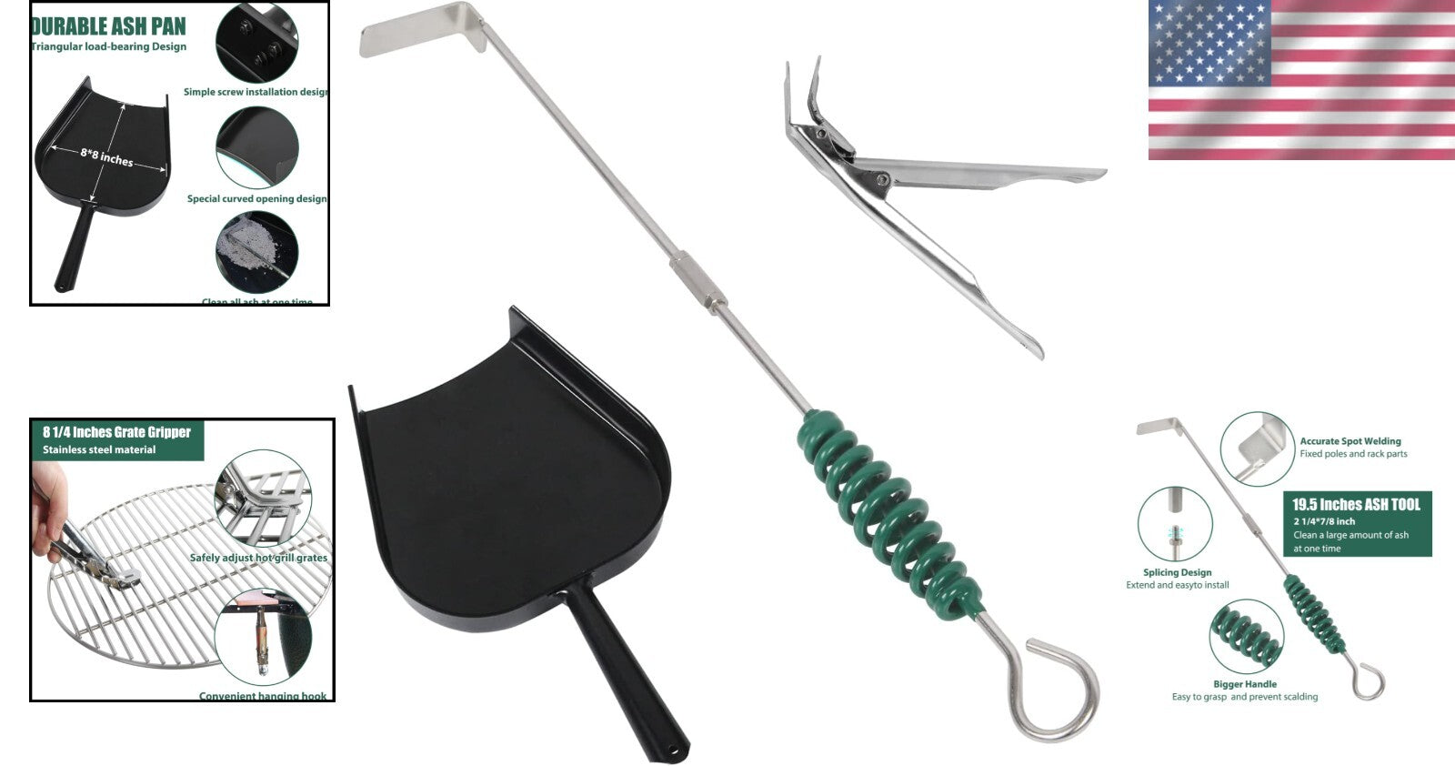Essential Grill Grate Lifter & Ash Tool Set for Big Green Egg & Kamado Grills