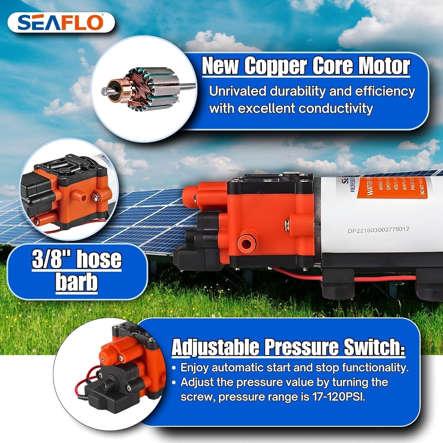 12V Diaphragm Water Pump - 1.3 GPM, 100 PSI for Marine & RV Applications