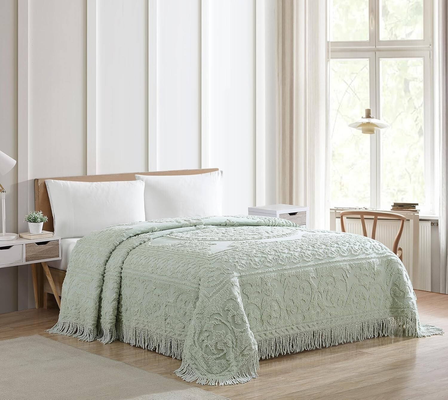 Luxurious King Size Chenille Bedspread in Sage - Traditional Medallion Design