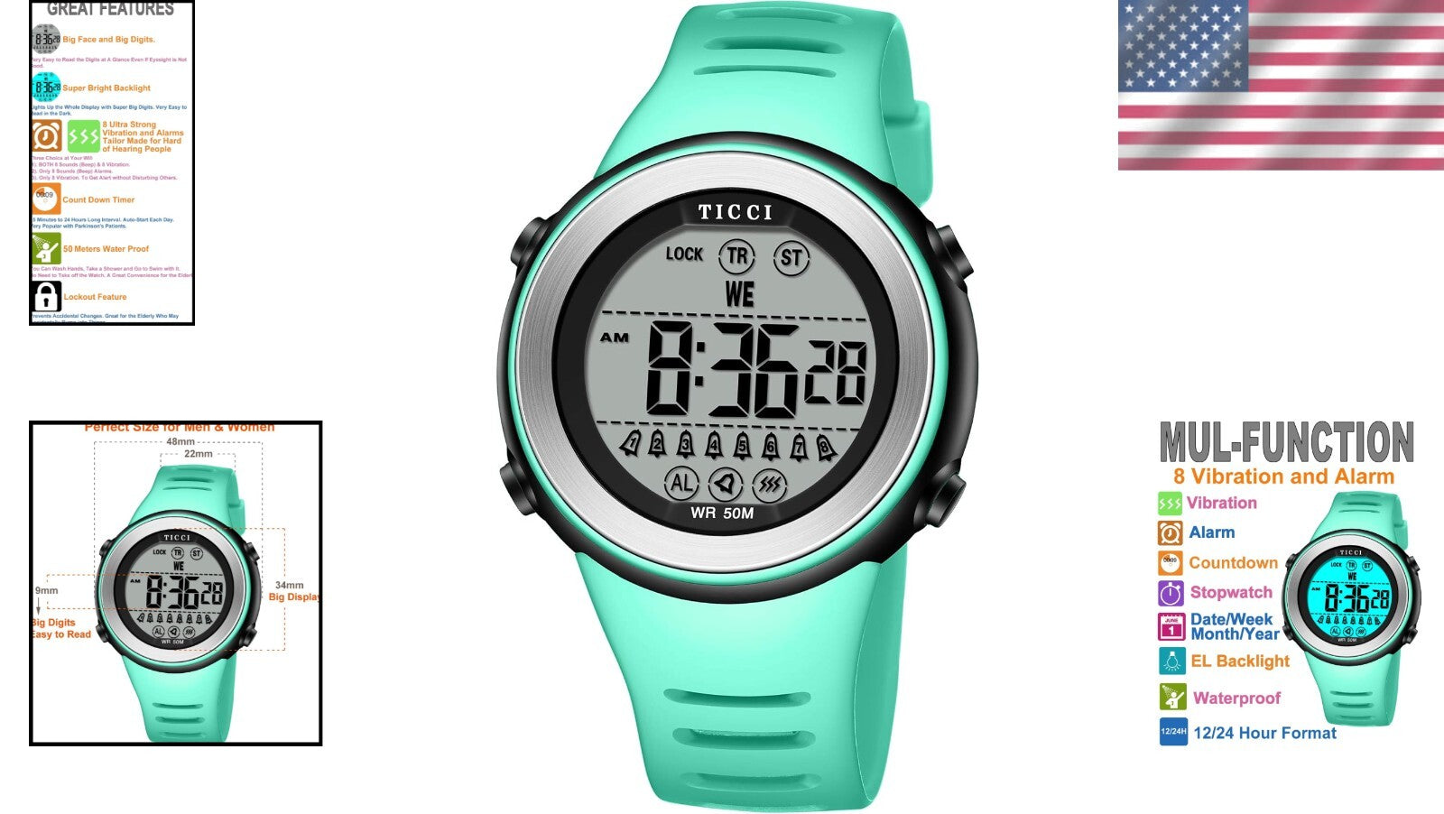 Unisex Waterproof Watch with 8 Vibrating Alarms - Ideal for Medication Reminders