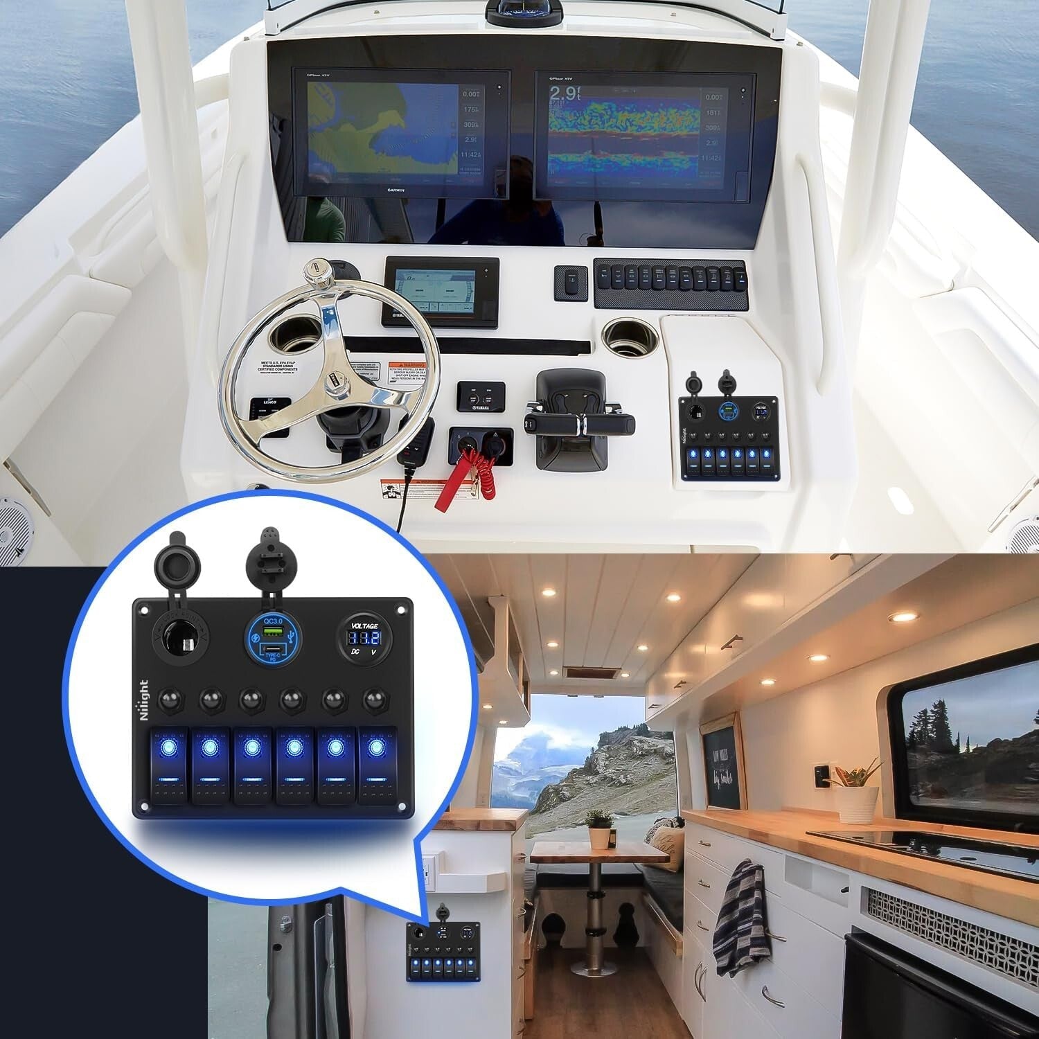 Pre-Wired 6 Gang Switch Panel Featuring LED Voltmeter & Cigarette Lighter Socket