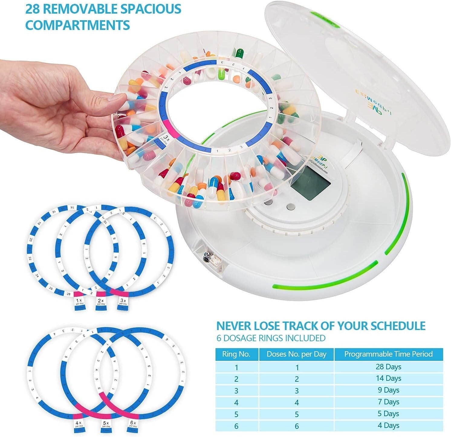 Secure Automatic Pill Dispenser with 6 Alarms and Large LCD - Caregiver's Aid
