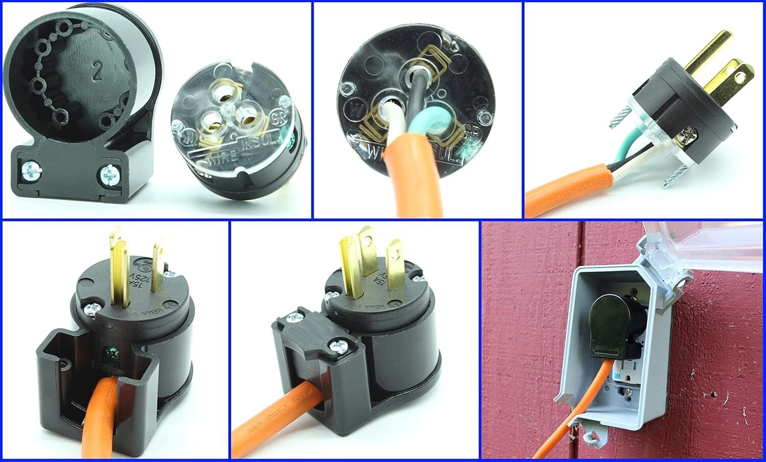 15 Amp Right Angle NEMA 5-15P Plug Connectors for Generators - 10 Pack