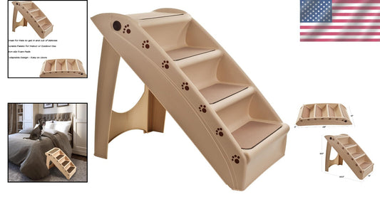 Sturdy 4-Step Folding Pet Stairs for Dogs and Cats - Tan Color Convenience