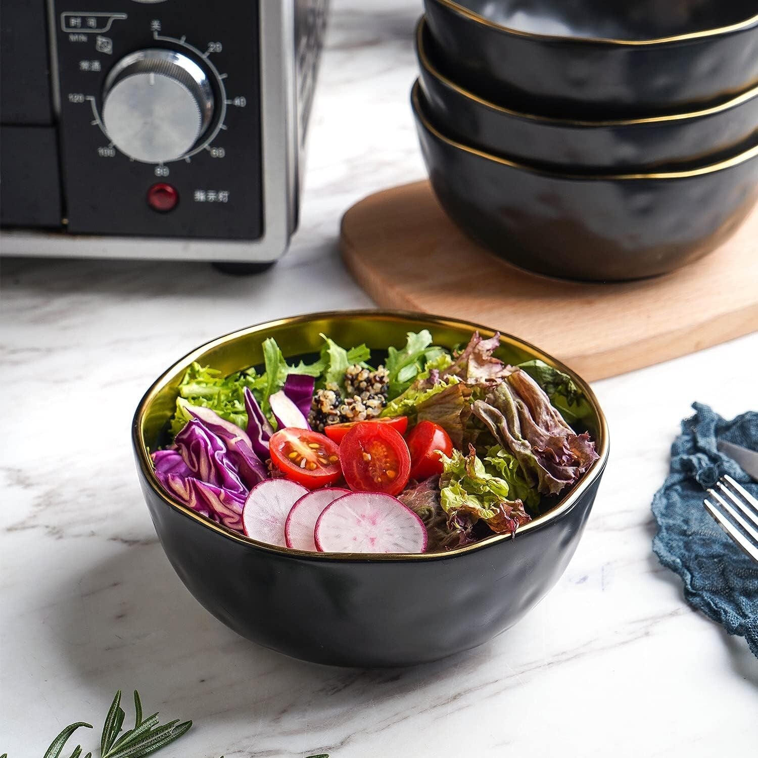 Sophisticated Gold-Accented Black Porcelain Dish Set, Service for 8 - Florian