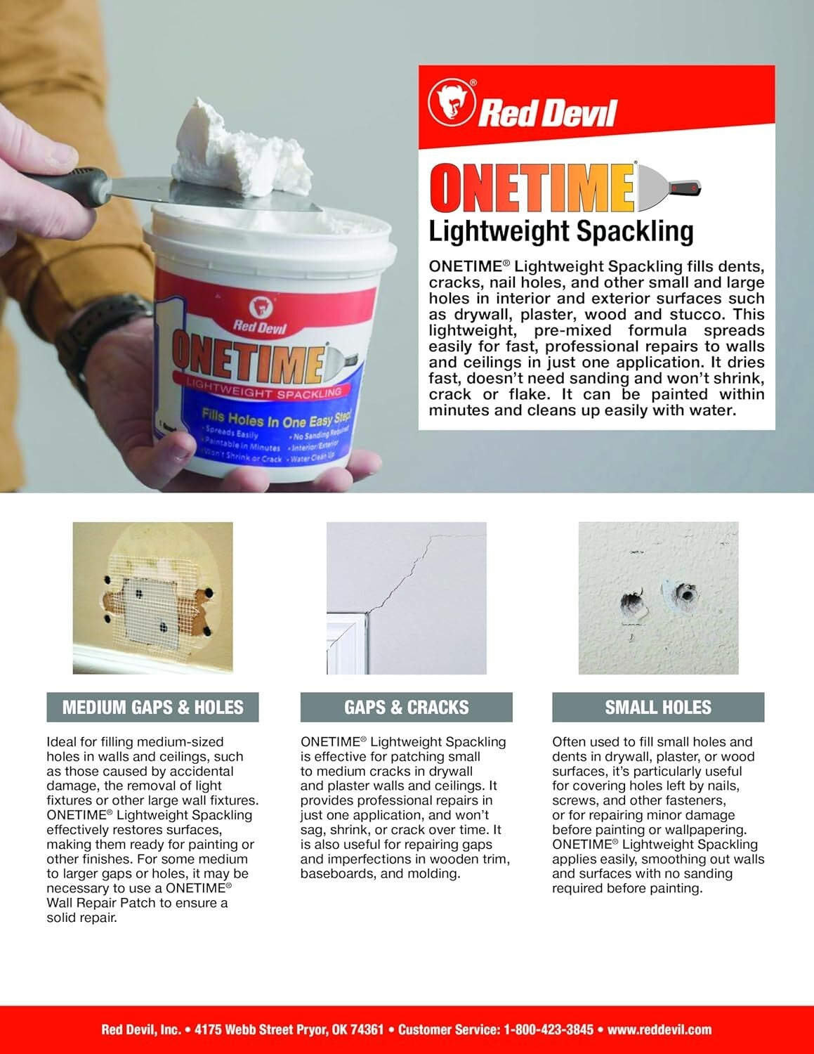 ONETIME Lightweight Spackling - 1 Gallon No-Sand Formula for Effortless Repairs