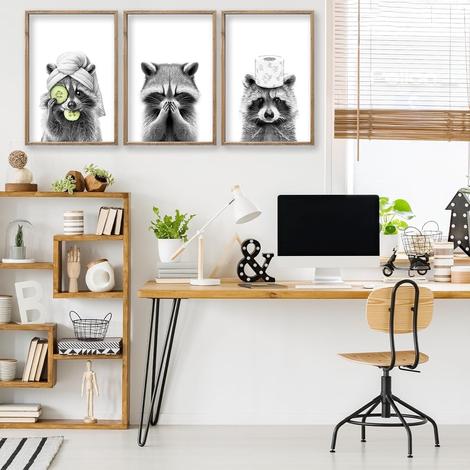 Rustic Farmhouse Raccoon Wall Art Set of 3 - Perfect for Modern Bathrooms