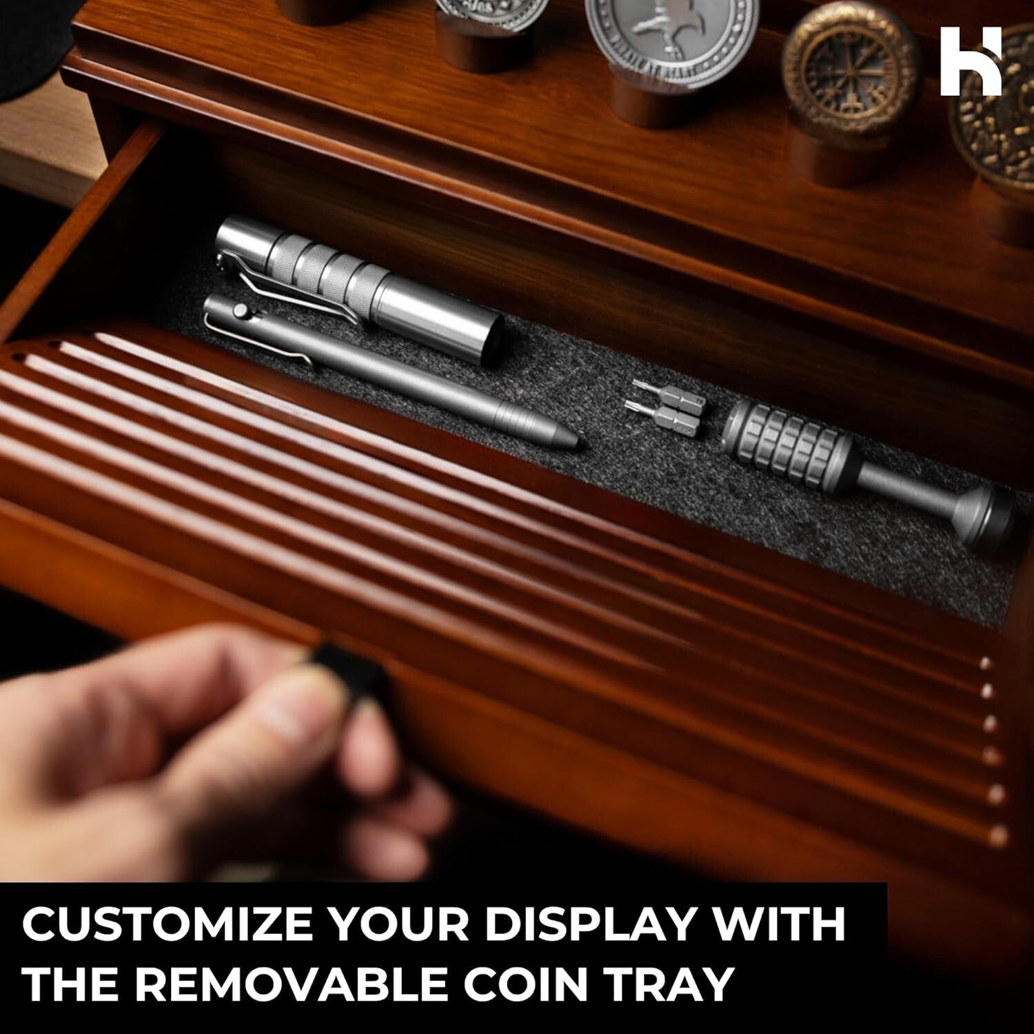 Premium Walnut Coin Display Case for Collectors - Holds 50 Coins with Drawer