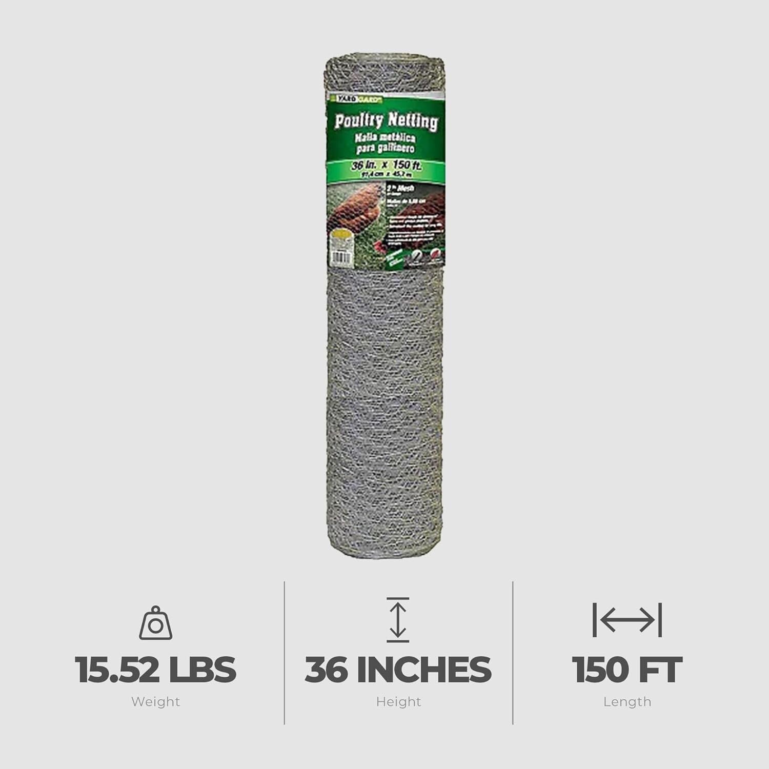36" x 150' Galvanized Hexagonal Mesh Chicken Wire - Ideal for Birds & Rabbits