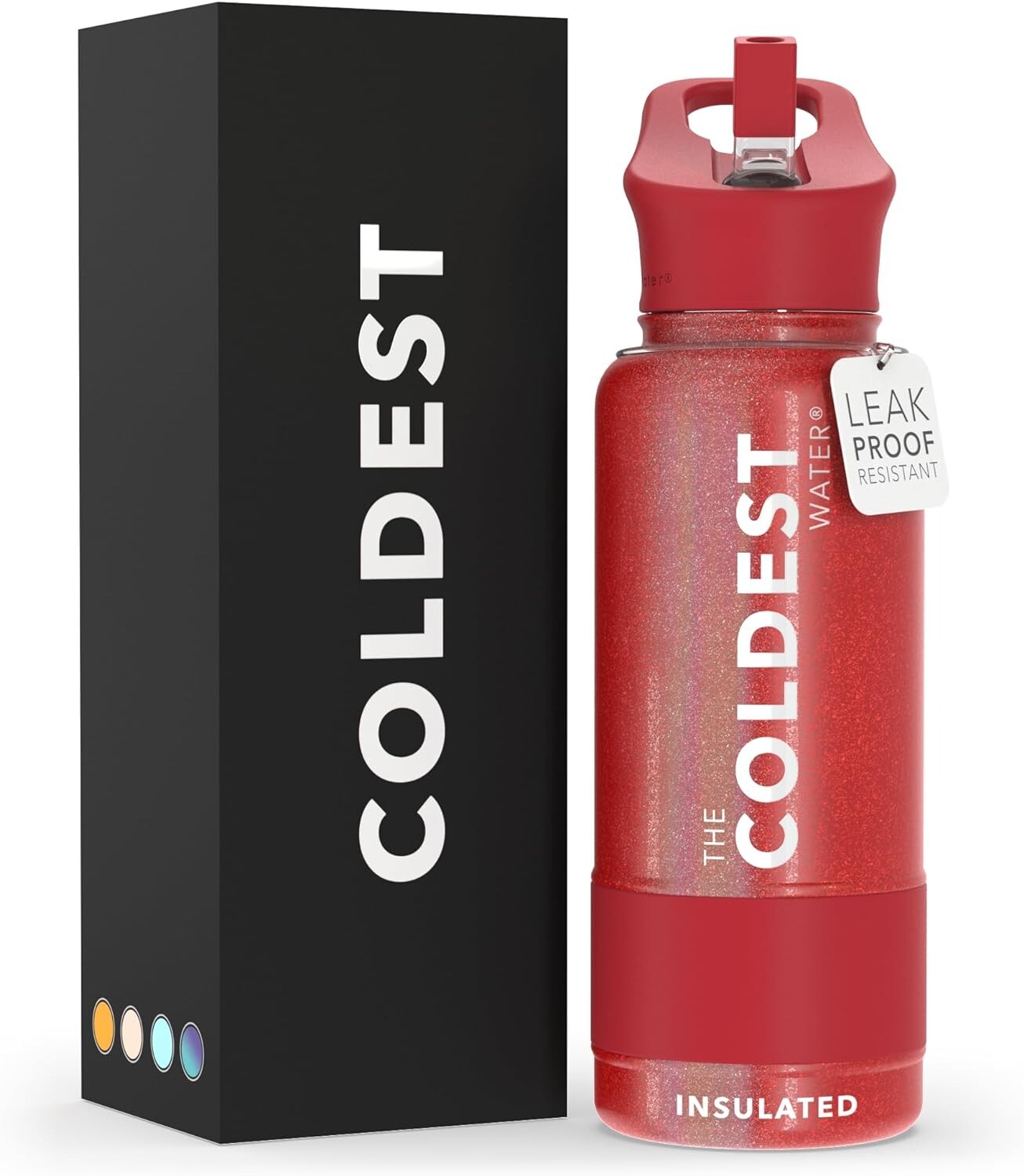 Durable 32 oz Coldest Insulated Bottle with Straw Lid - Stylish Mars Red Glitter
