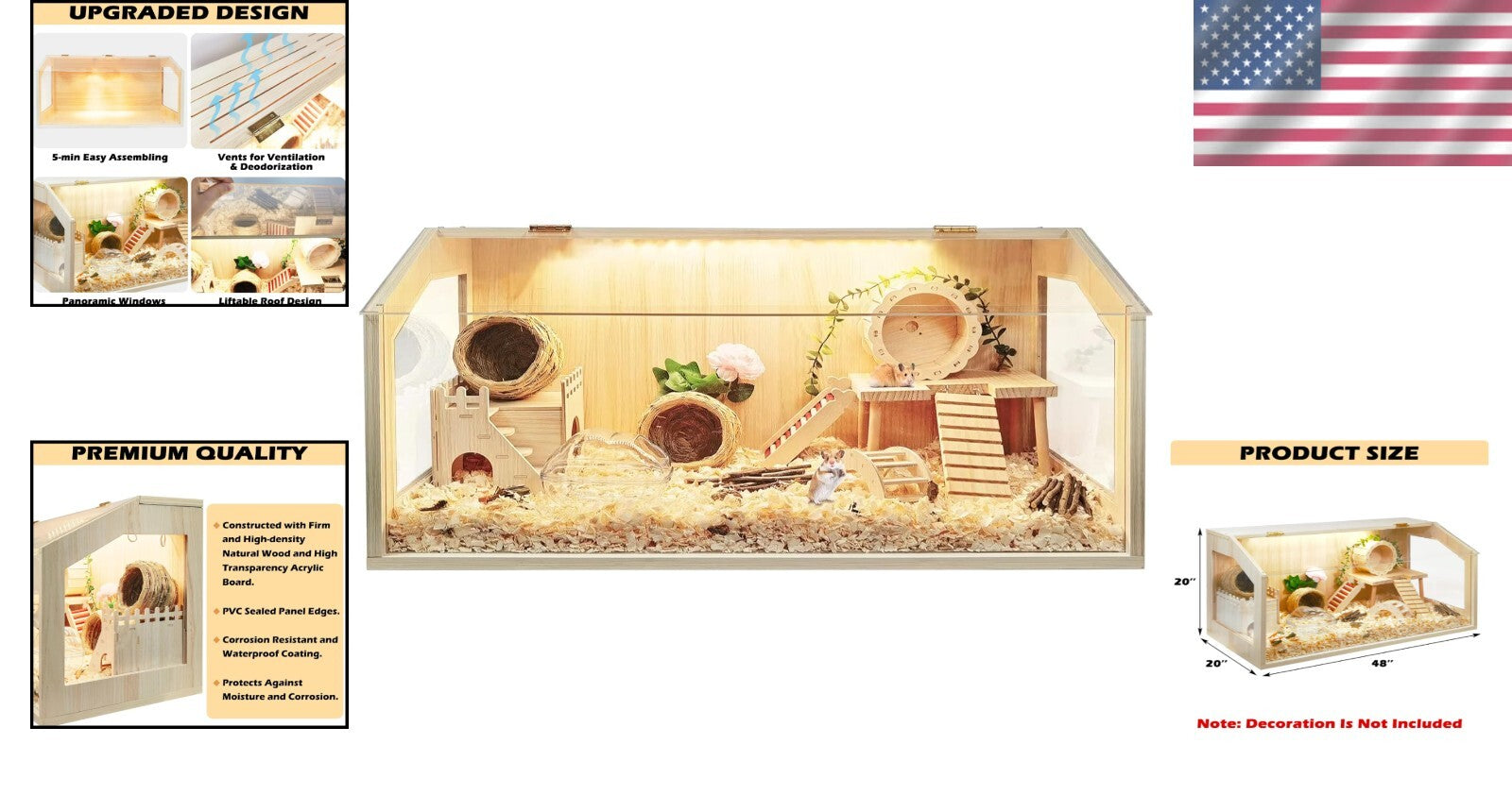 Premium Durable Wood Cage for Hamsters & Small Pets - Ventilated & Easy Clean