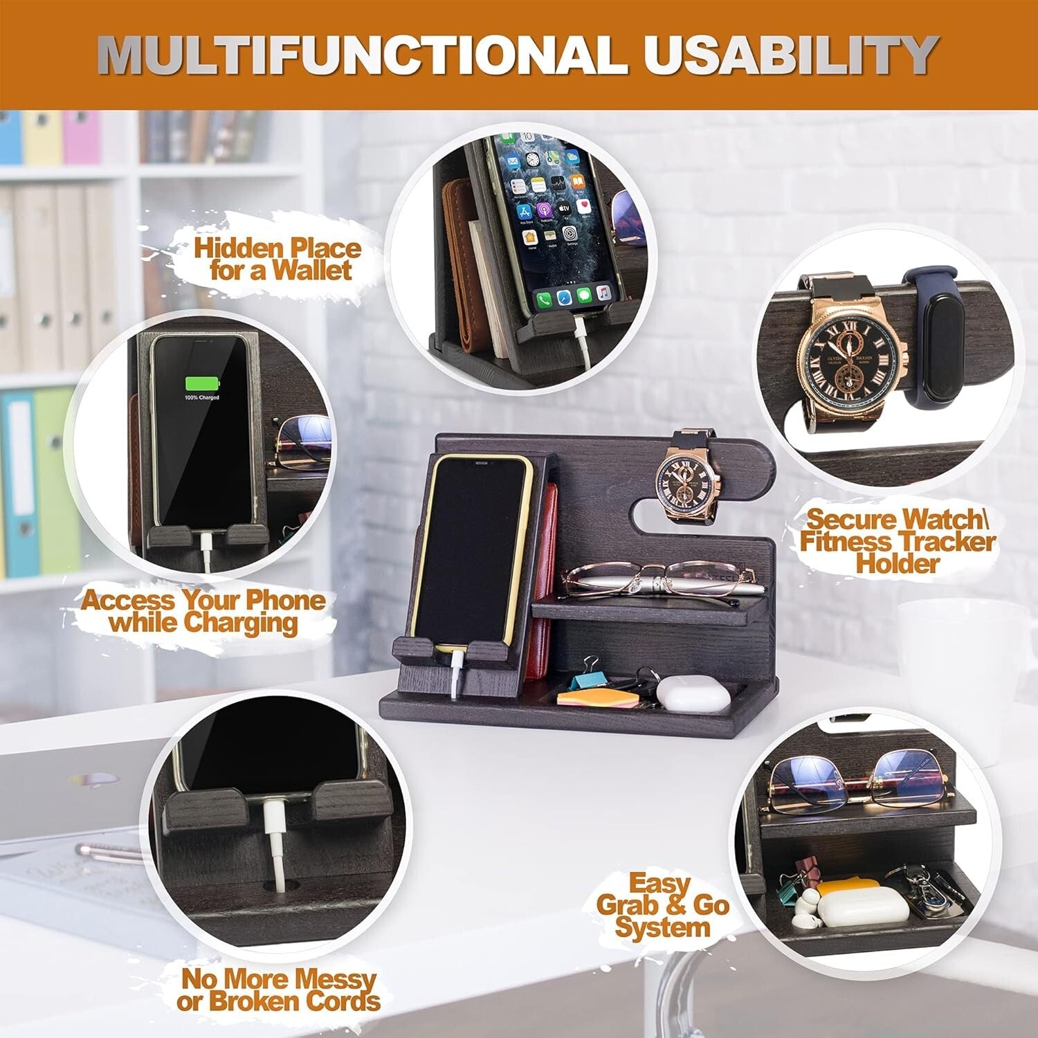 Multi-Functional Wood Phone Docking Station for Men - Ideal Gift in Fumed Black