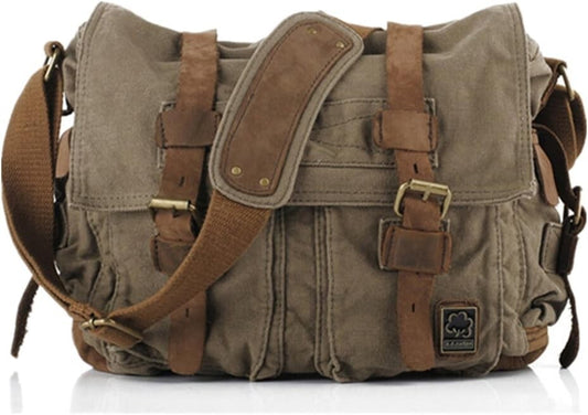 Vintage Military Canvas Leather Messenger Bag for 13-Inch Laptops, Army Green