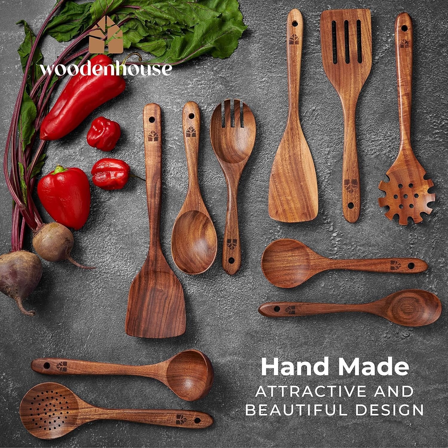 Elegant 10-Piece Wooden Cooking Utensils Set in Teak - Lightweight & Sturdy