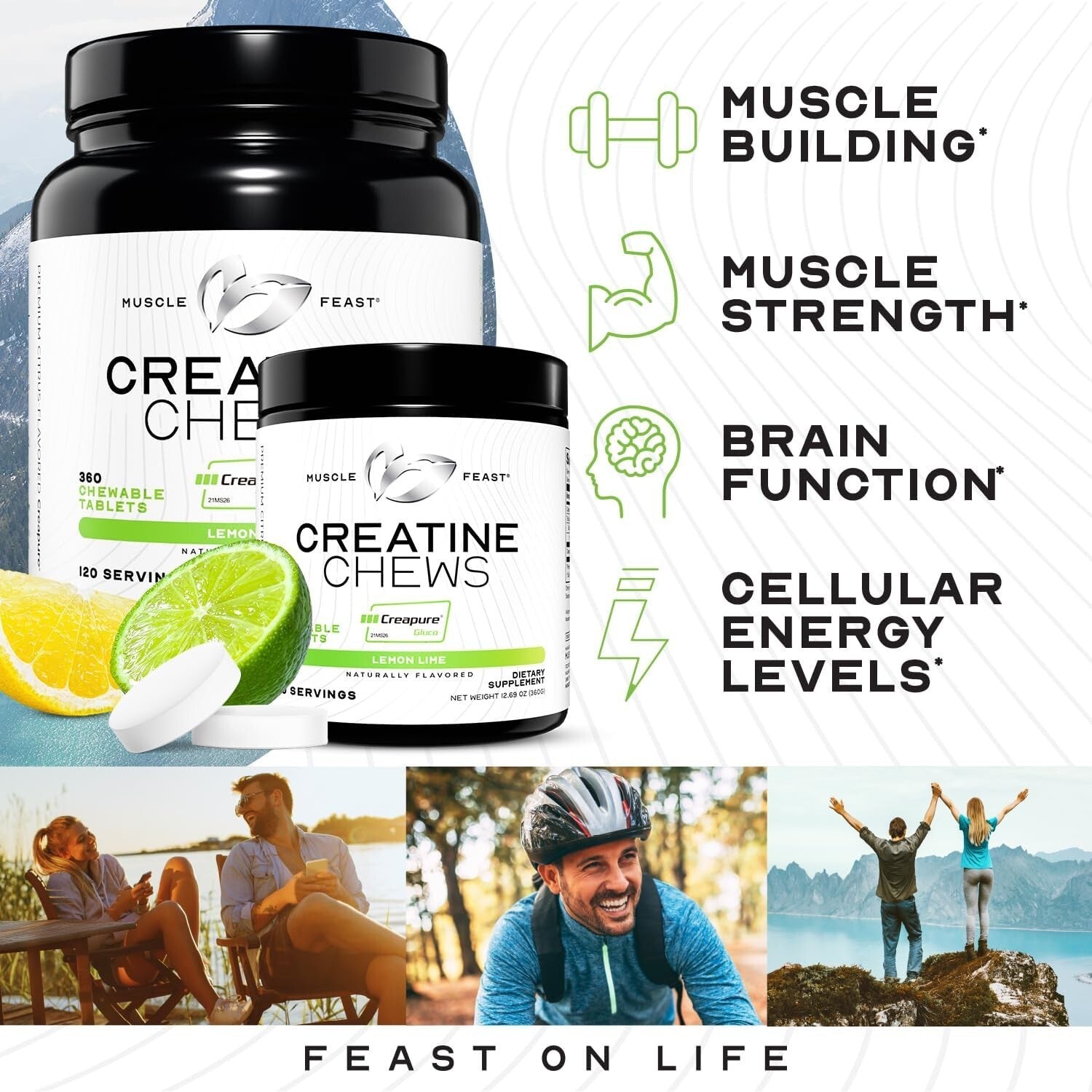 Chewable Vegan Creatine Tablets - 360 Lemon Lime Flavor for Workout Recovery