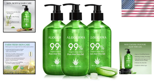 Hydrating Aloe Vera Gel - 99% Organic Formula for Face, Body & Scalp, 3-Pack