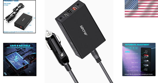 5 Ports USB C Car Charger Adapter with 120W Fast Charging for iPhone & Samsung