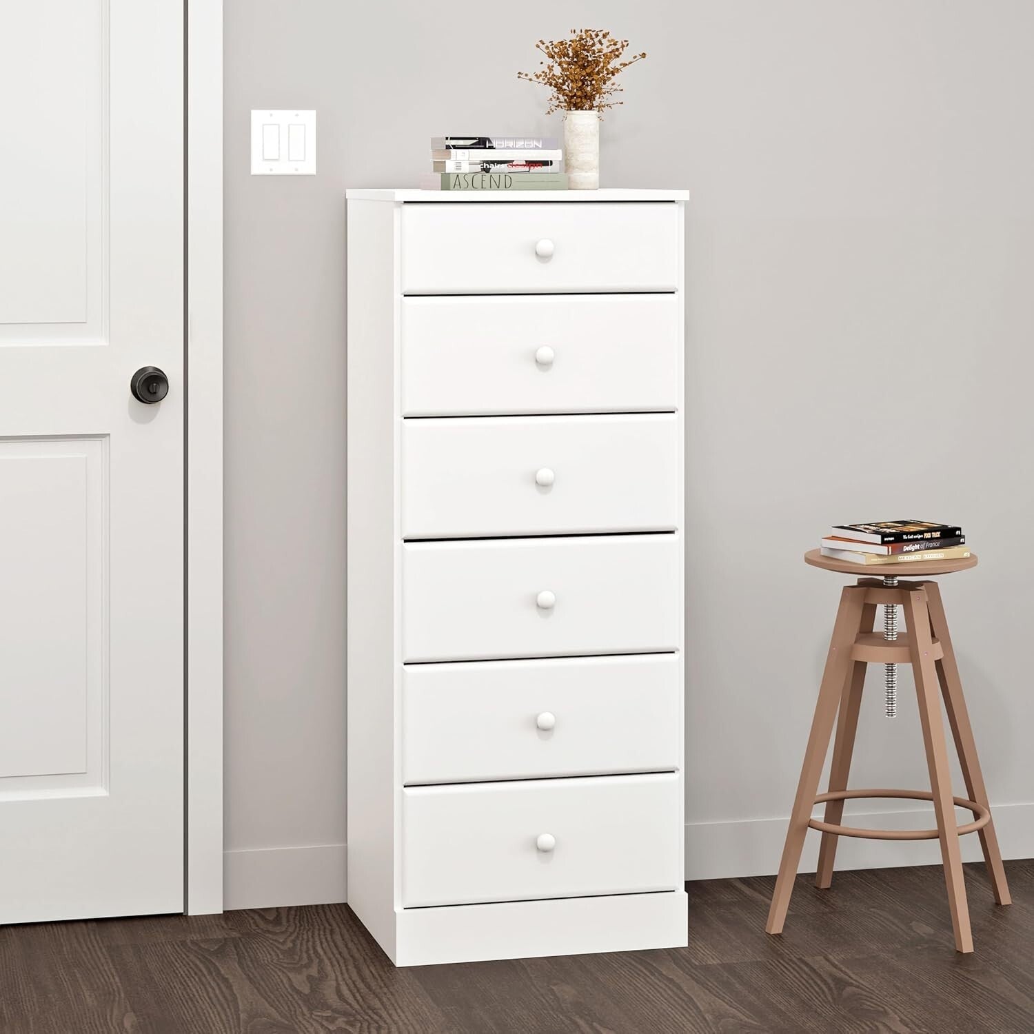 Sleek 6-Drawer White Dresser: Durable Tall Chest Perfect for Organized Bedrooms