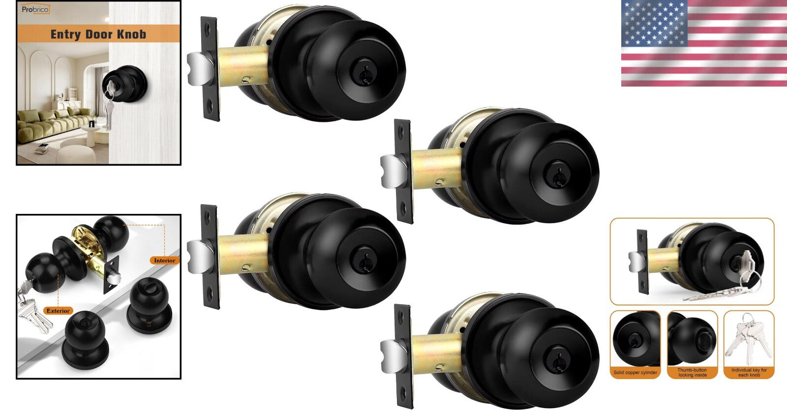 Flat Black Keyed Alike Round Door Knobs – 4 Pack Stainless Steel Security