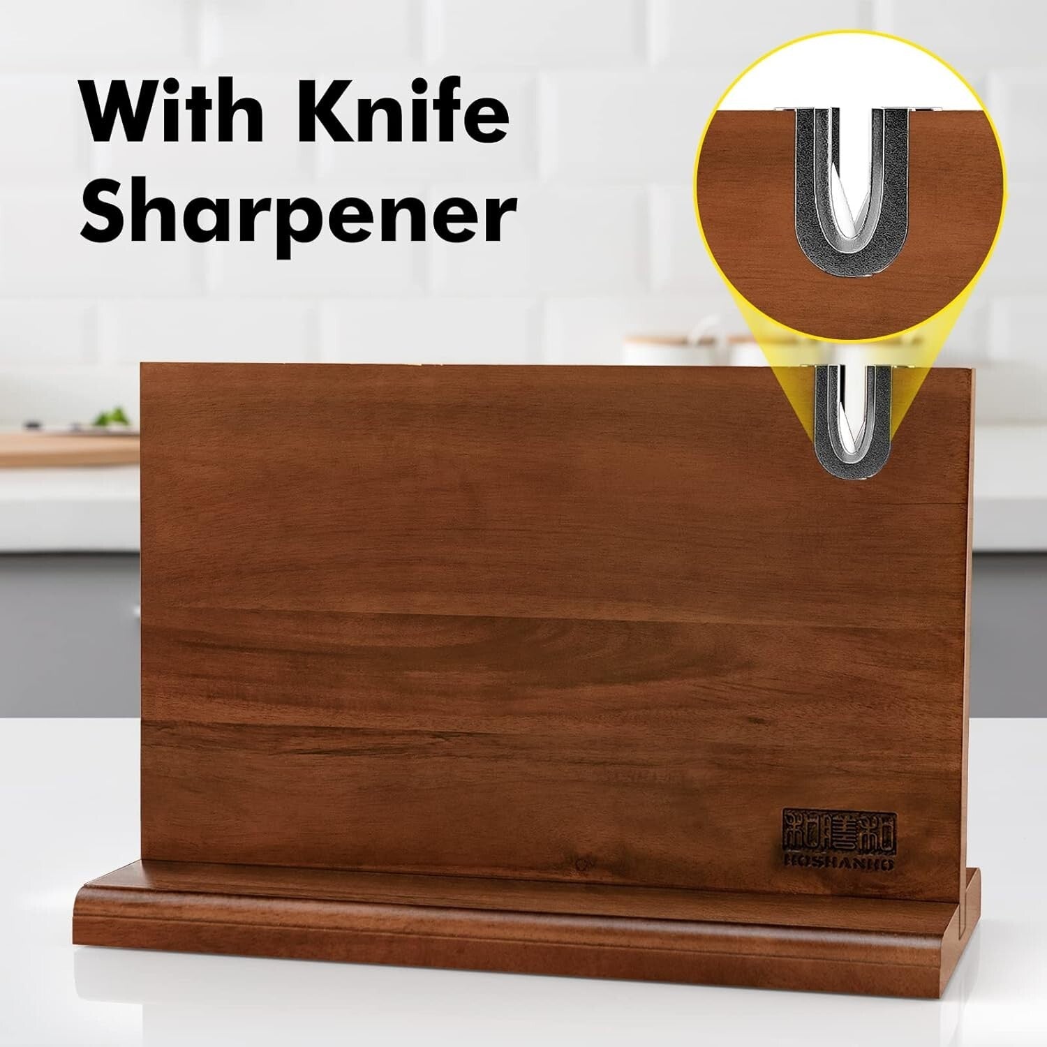 14x10 Magnetic Knife Holder Rack - Stylish Acacia Wood with Built-In Sharpener