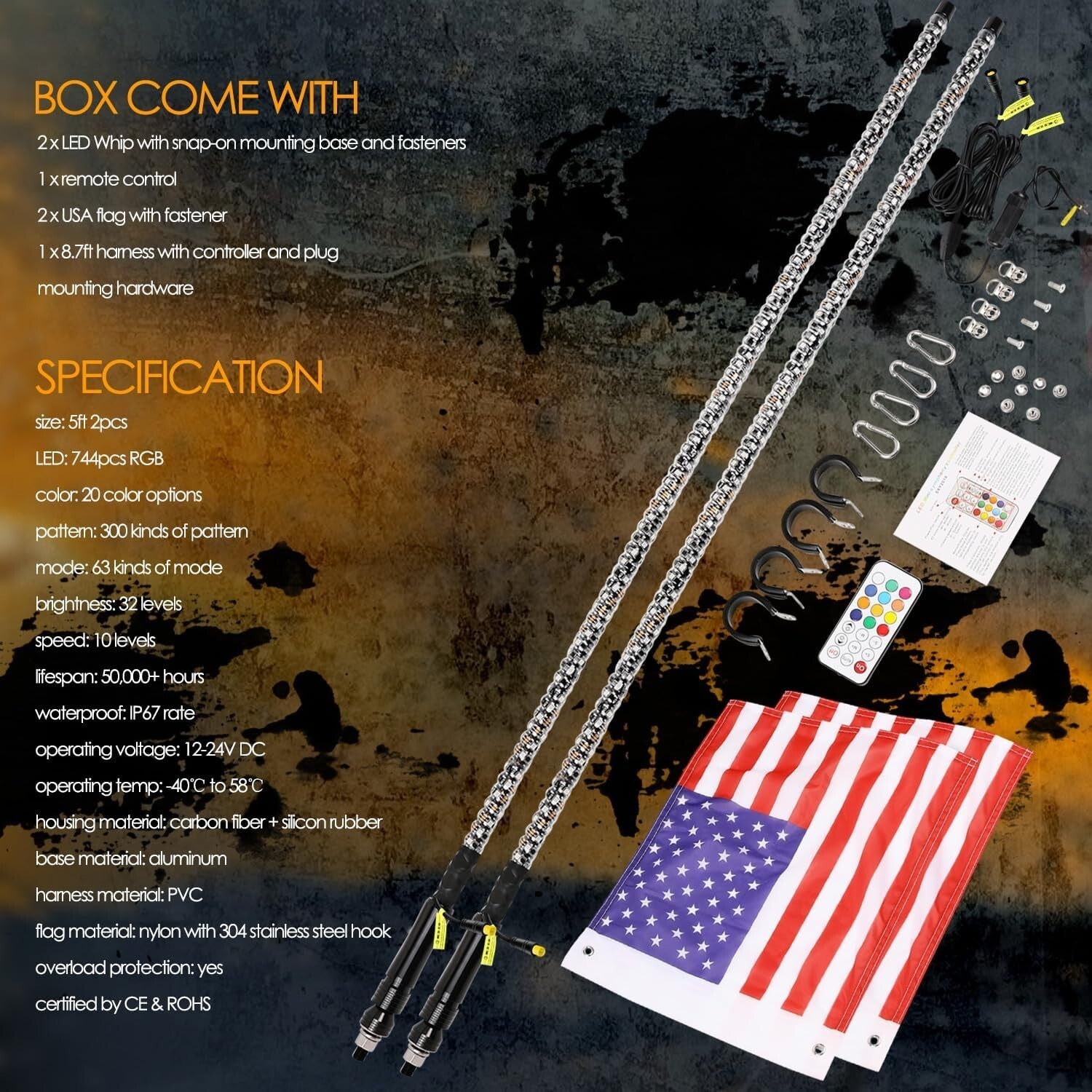 Ultimate 5ft RGB LED Whip Lights - Remote Controlled Offroad Adventure Lighting