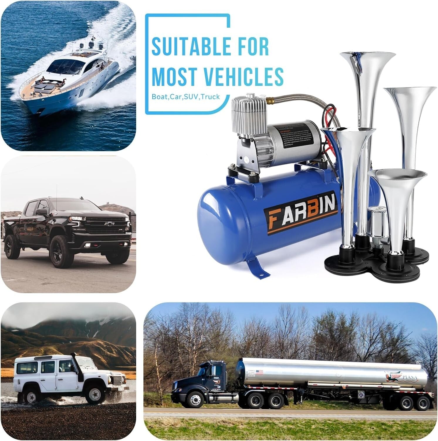 Universal 178DB Air Horn Kit for Trucks, Cars, Boats - Complete with Compressor