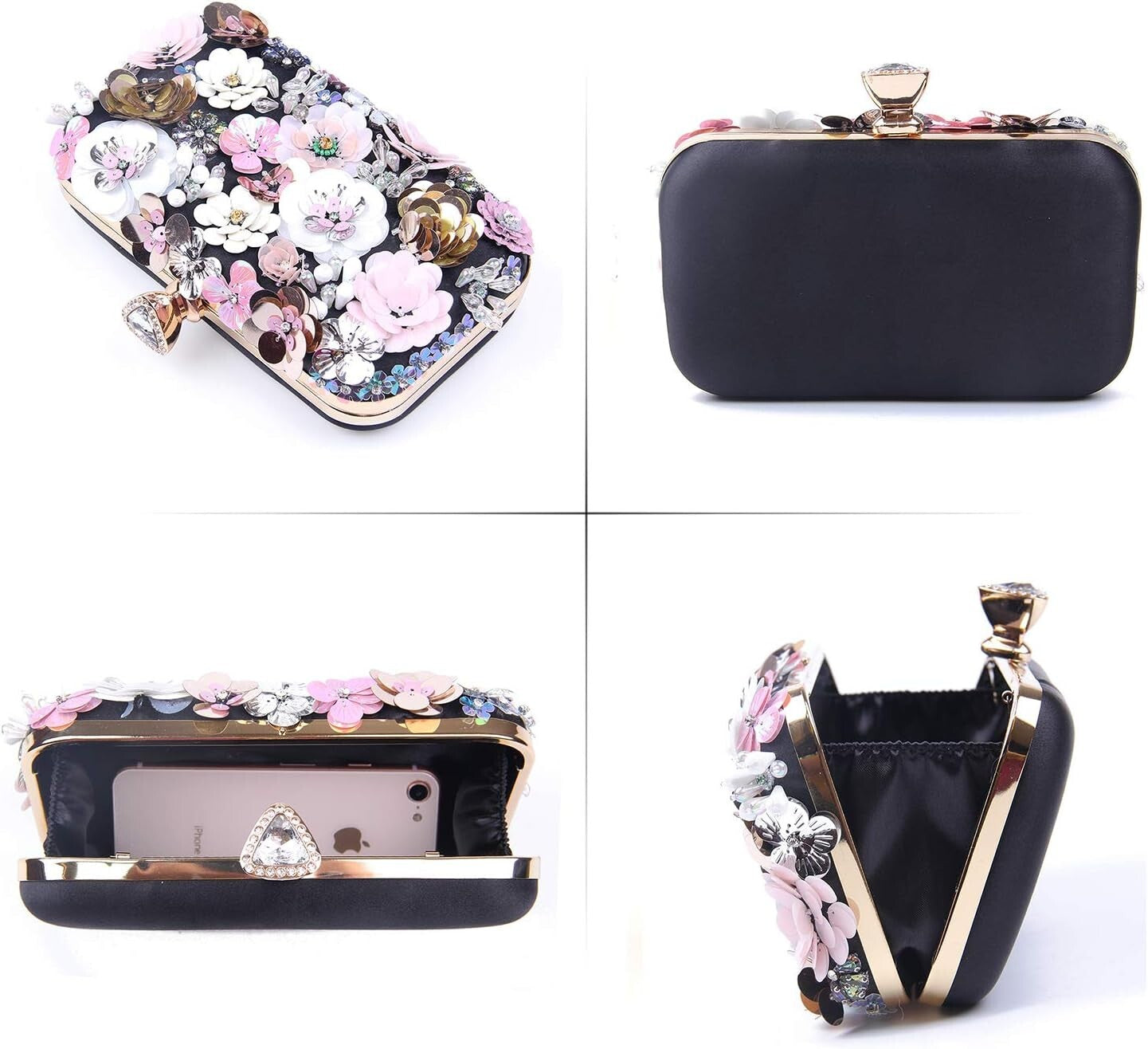 Elegant Evening Clutch with Rhinestone Closure & Floral Detail - Women’s Fashion