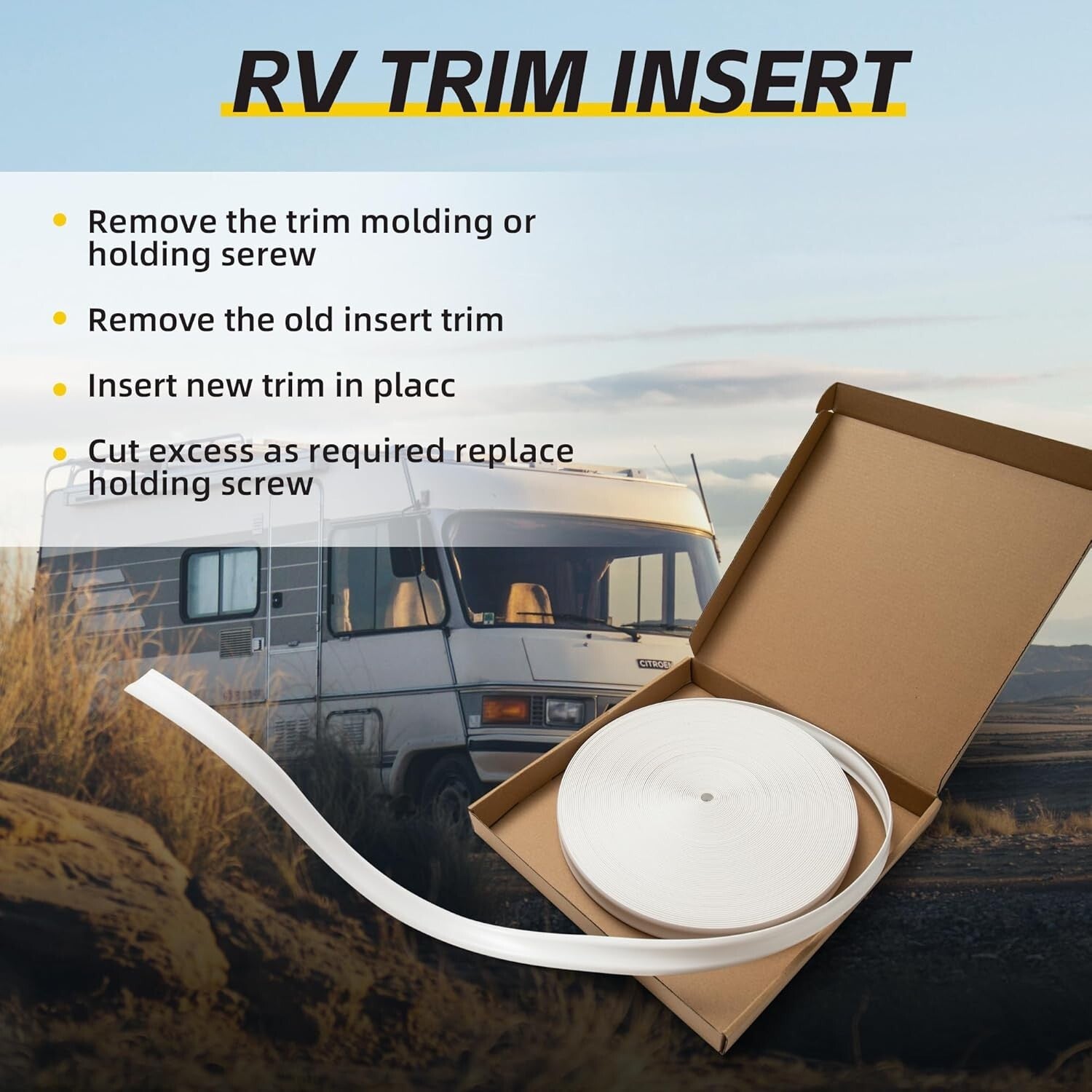 Easy-Cut RV Trim Molding Insert - 100ft White Vinyl, End Caps & Screws Included