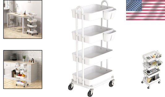 4-Tier Rolling Utility Cart with Hanging Buckets for Stylish Organization