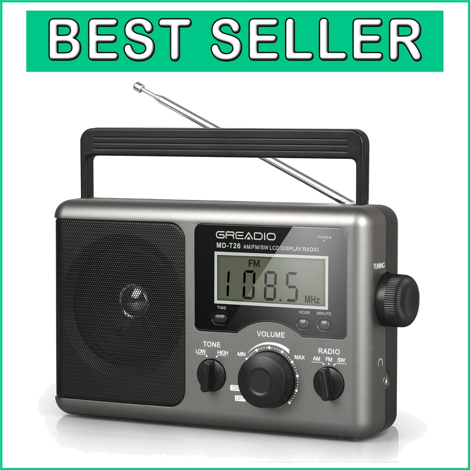 Dual Power Portable Radio with Best Reception & Clock Function – Light Grey