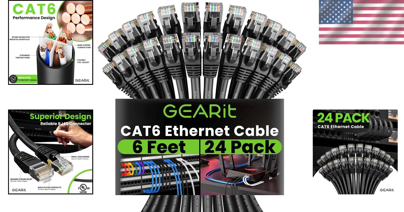Premium 6 Feet Cat 6 Ethernet Cables, 10Gbps, 24-Pack, Perfect for Home & Office
