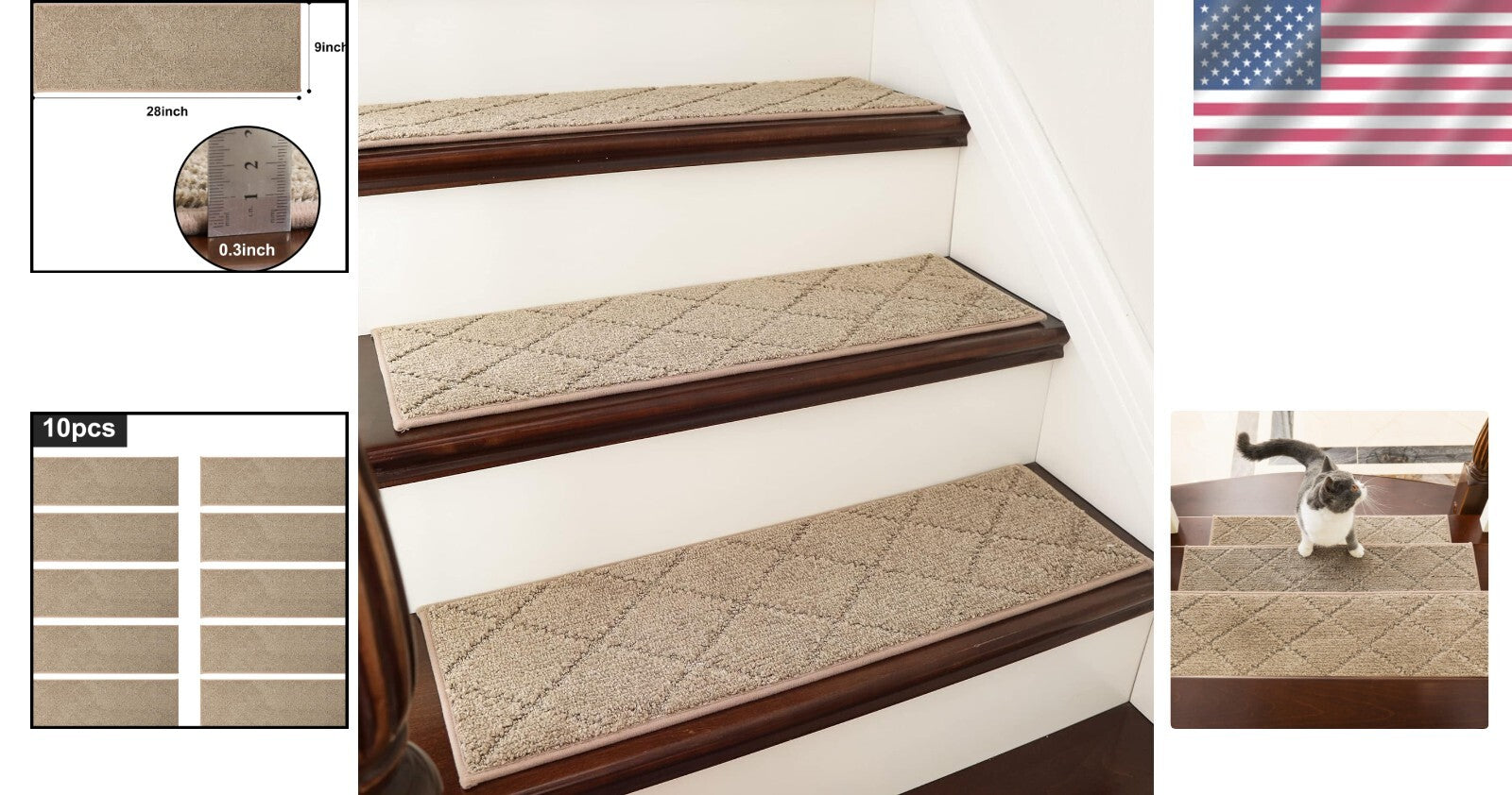 Non-Slip Carpet Stair Runners 28x9 - Safety Mats for Kids & Pets 10pc Beige