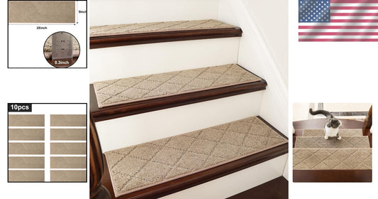 Non-Slip Carpet Stair Runners 28x9 - Safety Mats for Kids & Pets 10pc Beige