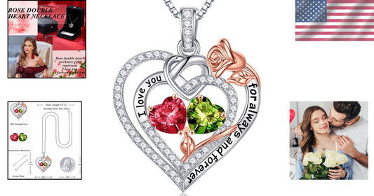 Engraved Heart Pendant Necklace with Dual Birthstones – Unique Gift for Women