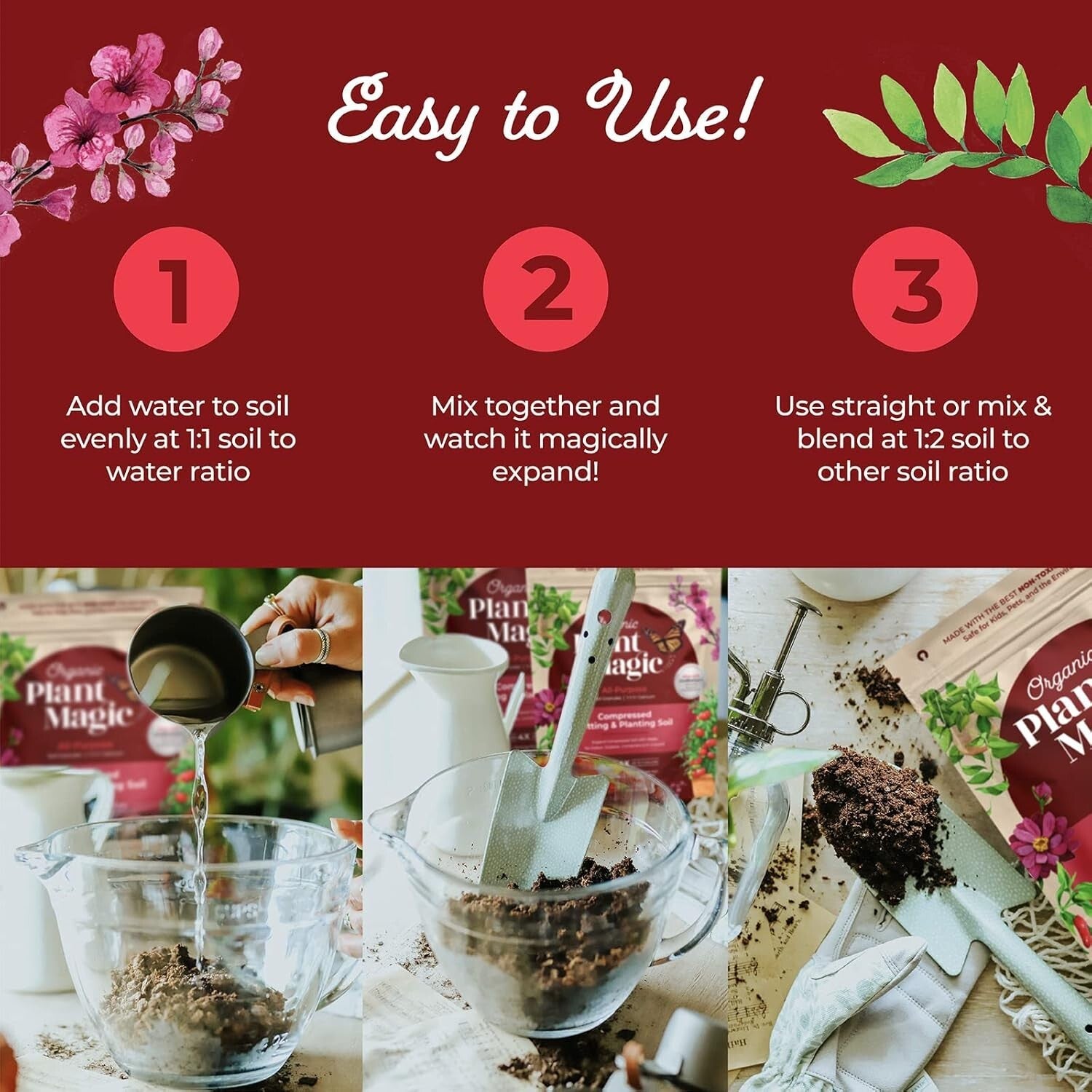 Easy Mix Organic Compressed Soil - Expands to 3 Gallons, Perfect for All Plants