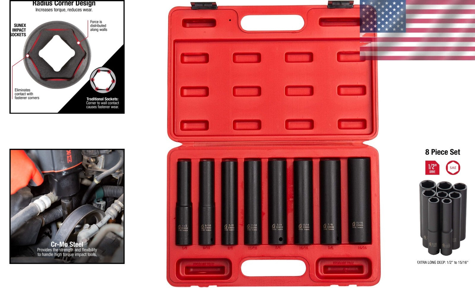 8-Piece SAE Impact Socket Set - Extra Long Deep CR-Mo Steel, Heavy-Duty Case